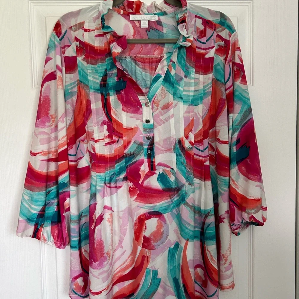 Artistic Red and Blue Tunic with 3/4 Sleeves - Picture 1 of 3